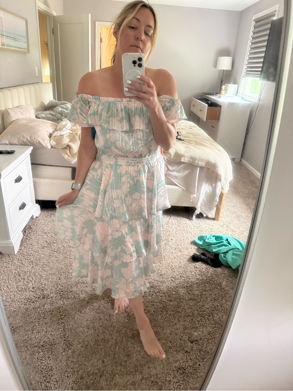 Lulu's Garden Glam Teal Floral print off the shoulder tiered midi dress Size Med - Picture 3 of 5